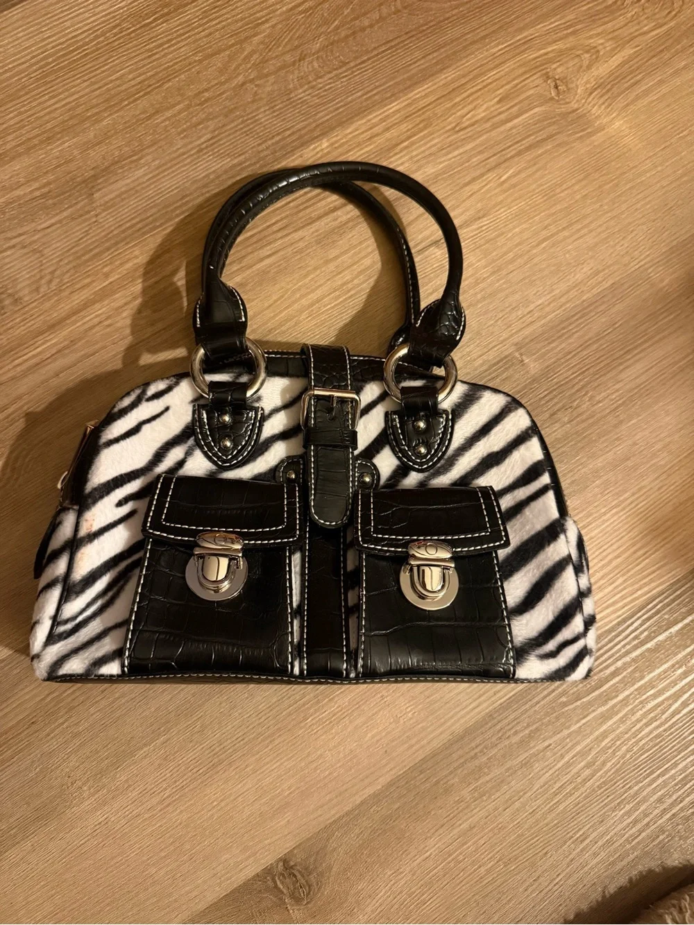 Y2K Black & White Zebra Print Handbag with Black Accents